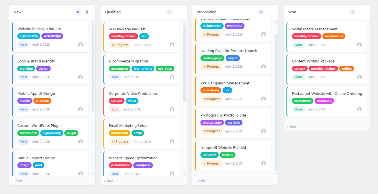 LeadPress Kanban Board — Manage leads with drag-and-drop stages inside WordPress